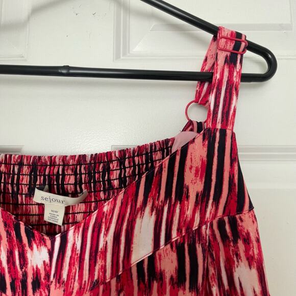 Sejour Pink Black Painted Ikat Print NWT Nordstrom Smocked Adjustable Maxi Dress - Picture 3 of 8